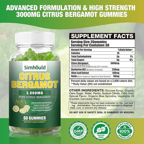 2 Pack Citrus Bergamot Gummies -3000MG Citrus Bergamot Extract Cholesterol Lowering Supplement for lmmune Support Healthy Anti-Aging Hight Cholesterol Vegan Gummy 120 Counts Lime Flavor