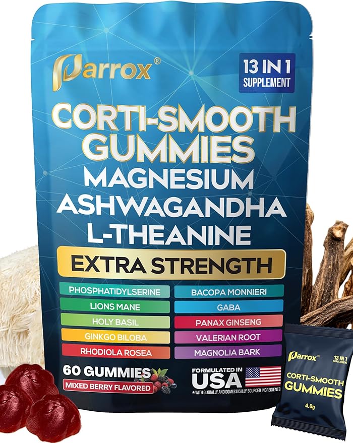 Corti-Smooth Cortisol Support Gummies with Magnesium L-Theanine Ashwagandha Phosphatidylserine Bacopa Monnieri Lions Mane Ginkgo Biloba Valerian Root (60 Gummies - Mixed Berry Flavor)