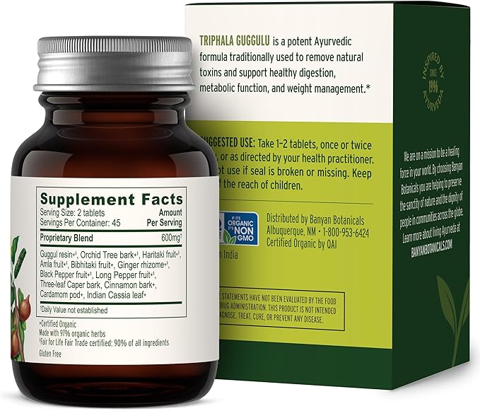 Banyan Botanicals Organic Triphala Guggulu – Deep Tissue Detox &amp GI Tract Support – Advanced Herbal Cleansing Supplement with Guggulu Resin – Systemic Waste Elimination – 90 Tablets – USDA Organic