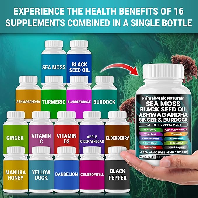 Sea Moss Black Seed Oil Ashwagandha Ginger Burdock Bladderwrack Turmeric &amp Vitamin C Vitamin D3 with ACV Elderberry Chlorophyll Dandelion Yellow Dock Vegan Capsules - 180 Count