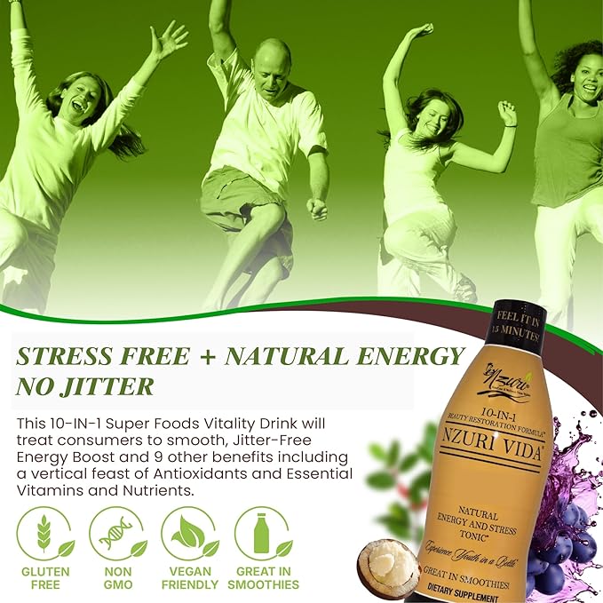 Nzuri Vida All-Natural Energy &amp Stress Support Tonic – 10-in-1 Total Body Restoration Drink with Acai Berry Cupuacu &amp Yerba Mate – Smooth Energy Calm Focus Detox &amp Immune Support 32 OZ