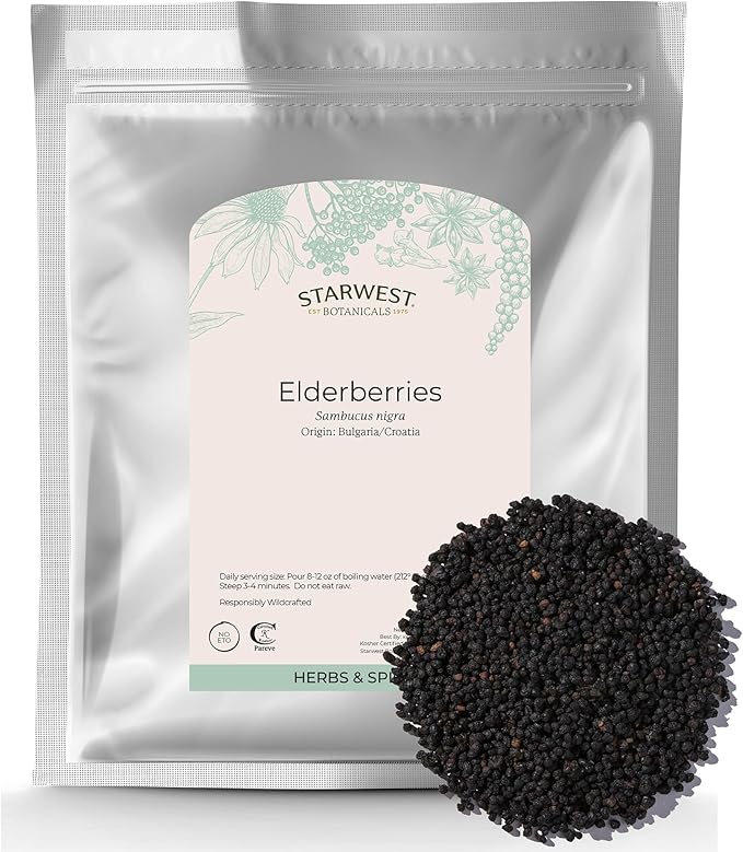 Starwest Botanicals Whole Elderberries - Dried Elderberries for Syrup Tea Gummies &amp Jam Certified Kosher Wildcrafted Natural Berries - Bulk 1 lb Bag