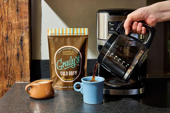 GRADY'S COLD BREW New Orleans Style 100% Arabica Medium Dark Roast Coffee &amp Chicory Ground for Hot Coffee and Cold Brew One pound bag