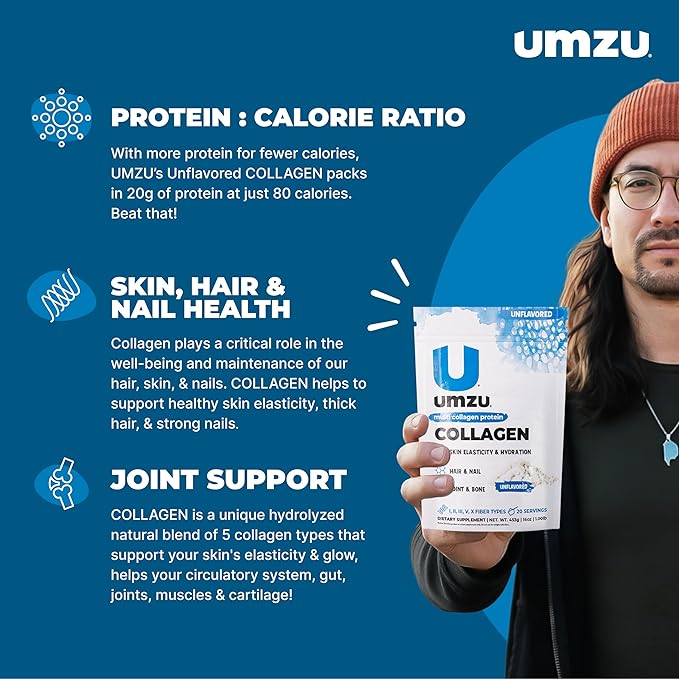 UMZU zuCollagen Multi Collagen Protein Powder Unflavored – 5 Collagen Types I II III V X – High Protein Low Calorie Supplement for Hair Growth Skin Elasticity Joint Health and Daily Recovery Support