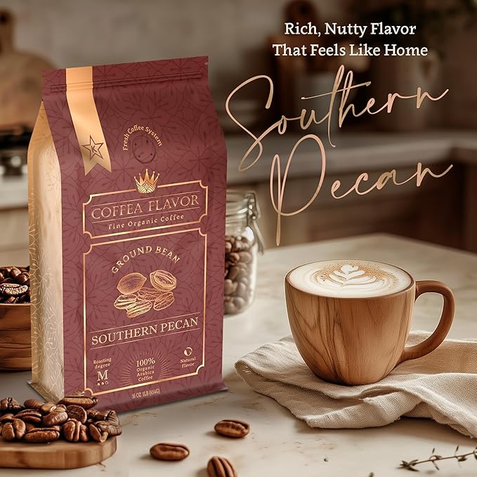 Southern Pecan Flavored Ground Coffee – Medium Roast 100% Arabica Single Origin – Organic Naturally Flavored No Artificial Additives – by Coffea Flavor