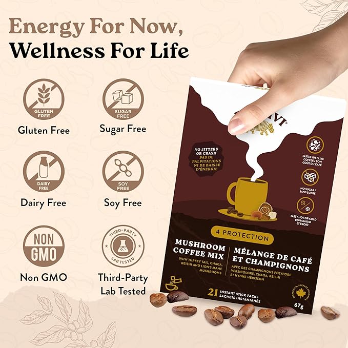 Dodjivi Organic Mushroom Coffee Instant Packets 100% Arabica Coffee Powder with Reishi mushroom Lion's mane ChagaTurkey Tail for Better Focus Immune Support Keto Friendly (30 Sticks Each 3.2gm)