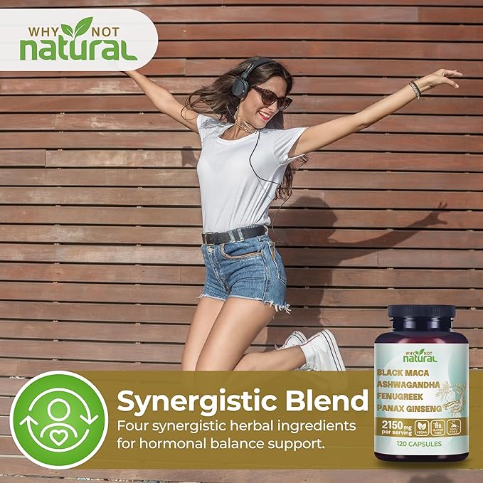 Why Not Natural 4-in-1 Organic Black Maca Root Ashwagandha Fenugreek Panax Ginseng Capsules Supplement for Men and Women