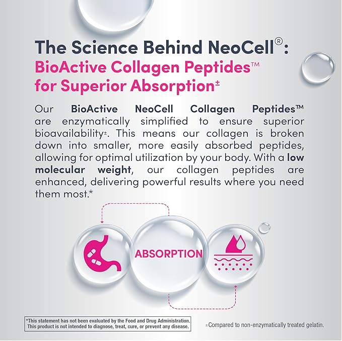NeoCell Collagen Peptides Powder Packets | 20 Stick Packs | Grass Fed Bovine | Unflavored Supplement | Hair Skin &amp Nails | for Women and Men