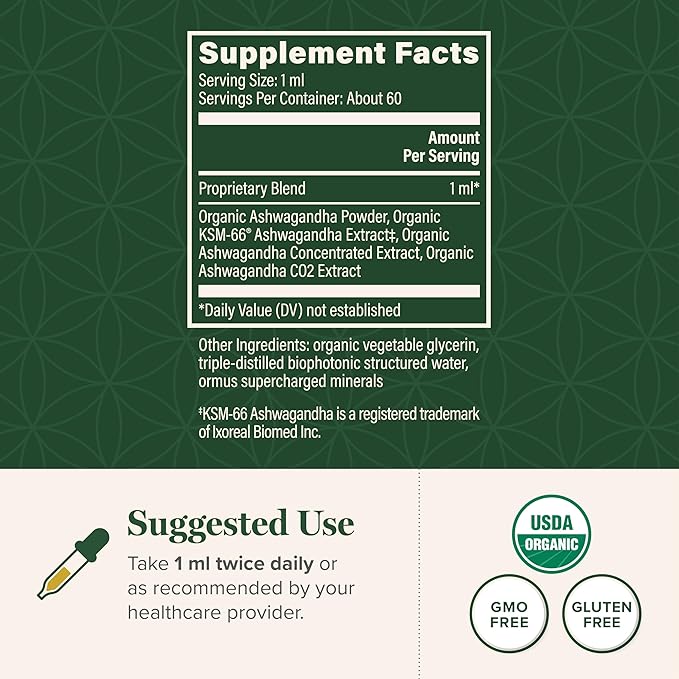 Global Healing Center - Organic Ashwagandha Supplements Drops - KSM-66 Ashwagandha Extra Strength for Men &amp Women Helps Promote Relief from Stress Mood Support Organic (2 Fl Oz) (Pack of 2)