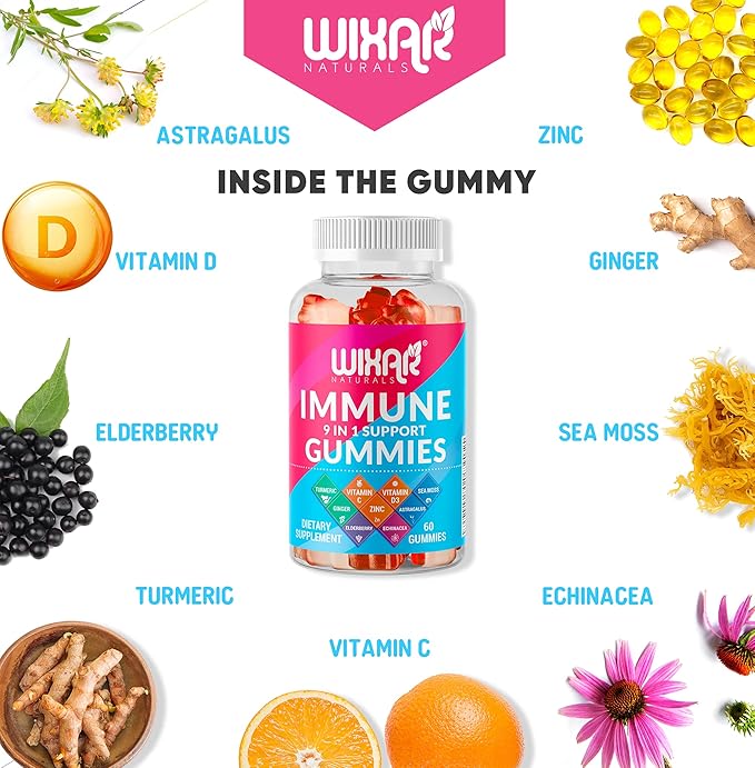 9 in 1 Immune Support Gummies with Elderberry Vitamin C&ampD Zinc Turmeric Ginger Echinacea Astragalus &amp Sea Moss for Immunity Supplement - 60 Gummies