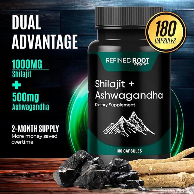 Shilajit for Men 1000mg &amp Ashwagandha Supplements 500mg (180 Capsules) - (20% Fulvic Acid Supplement) - Shilajit for Women