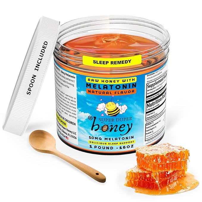 SUPER DUPER HONEY Calming Honey with 10mg Melatonin per Serving - Sweet Dreams &amp Tranquil Sleep - Pure Raw Unfiltered &amp Natural Formulation - Cinnamon Flavor - Made in USA - 1 Pound Jar