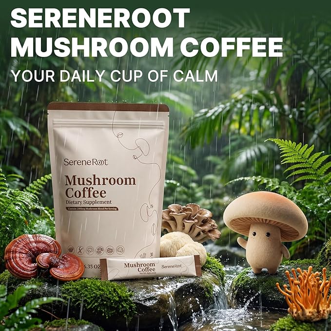 Mushroom Coffee Adaptogenic Mushrooms with Lion's Mane Reishi Cordyceps Turkey Tail Maitake Chaga Instant Coffee with MCT Oil for Energy Focus Digestive &amp Immune 30 Sachets