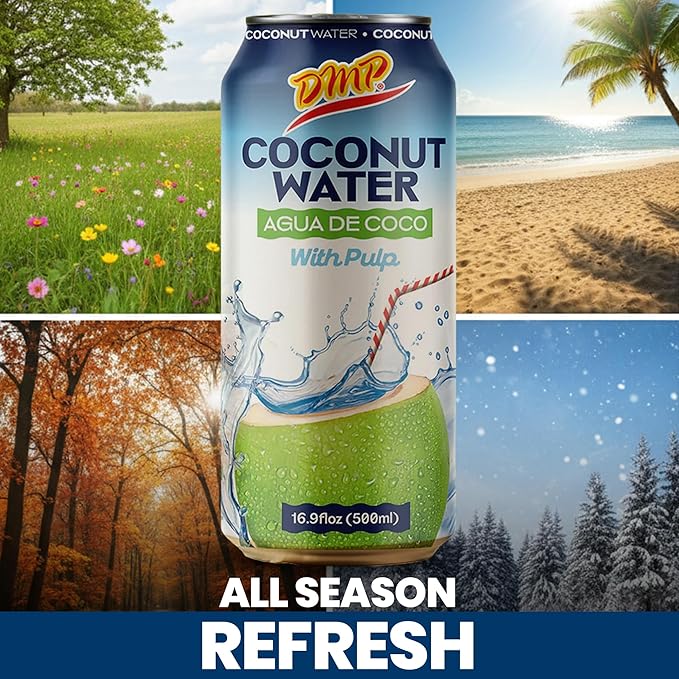De Mi País Coconut Water with Pulp – Natural Coconut Beverage for Year-Round Hydration Rich in Potassium and Electrolytes No Added Sugars Shelf-Stable Cans – 16.57 oz | 24-Pack