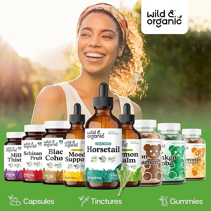 Wild &amp Organic Horsetail Herb Tincture - Hair Skin and Nails Support - Liquid Horsetail Supplement - Vegan Sugar &amp Alcohol-Free Leaf Extract Drops - 4 fl oz
