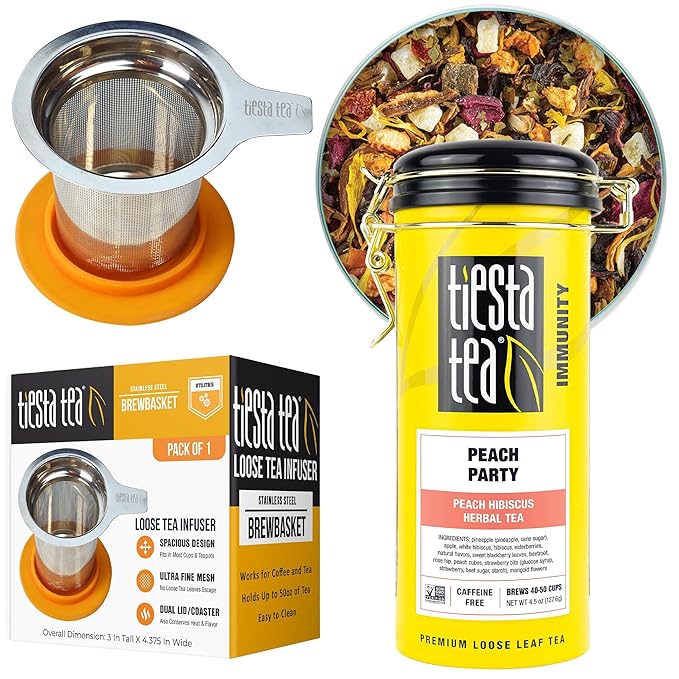 Tiesta Tea - Peach Party Herbal Tea and Brewbasket Infuser Bundle Loose Leaf Peach Hibiscus Tea Non-Caffeinated 4.5oz Refillable Tin with 5oz Reusable Stainless Steel Strainer