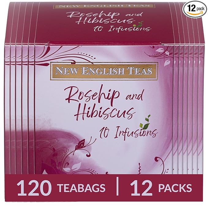 New English Teas Fruit &amp Herbal Tea 120 Teabags 12 Packs of 10 Individually Wrapped Tea Bags Naturally Caffeine Free (Rosehip &amp Hibiscus)