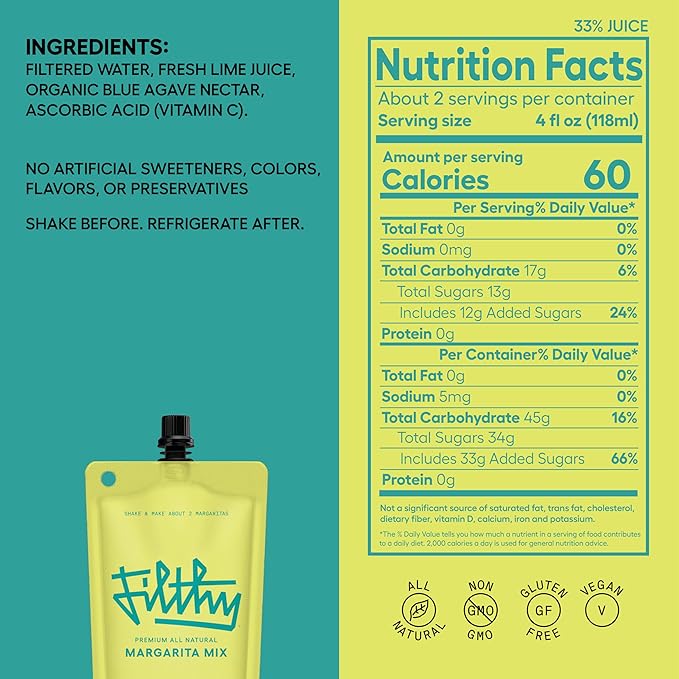Filthy Margarita Mix Premium Cocktail Mixer All-Natural Non-GMO Vegan &amp Gluten-Free Made with 100% Fresh Florida Lime Juice and Organic Agave Nectar from Jalisco Mexico 8 Oz Pouch 6 Pack