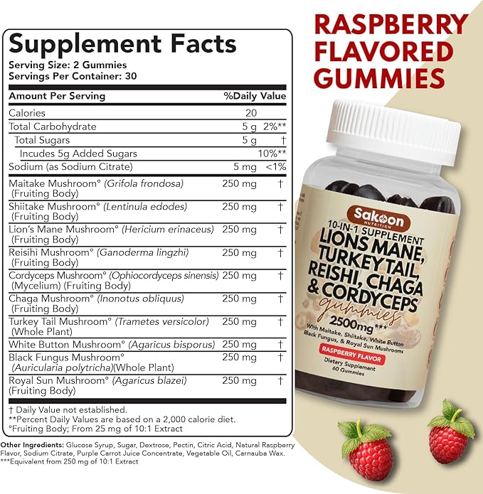 Sakoon nutrition Lions Mane Mushroom Gummies 2500mg | 10-in-1 Dietary Supplement with Turkey Tail Reishi &amp More | Lions Mane Gummies Raspberry Flavored | 60 Count