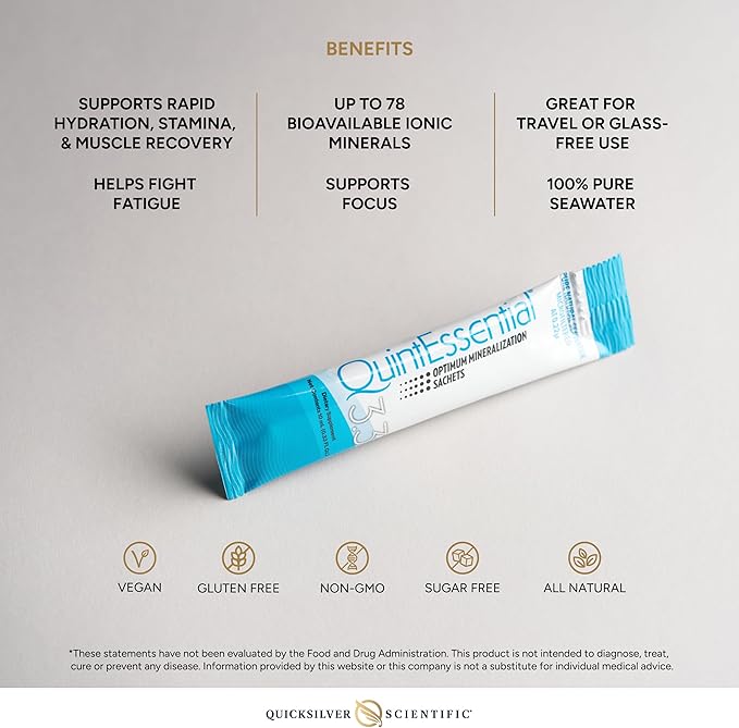 Quicksilver Scientific Quintessential 3.3 Sachets - Hypertonic Solution - Filtered Sea Water Hydration Packets - Liquid Minerals for Muscle Recovery Stamina + Mineral Replenishment (30 Count)