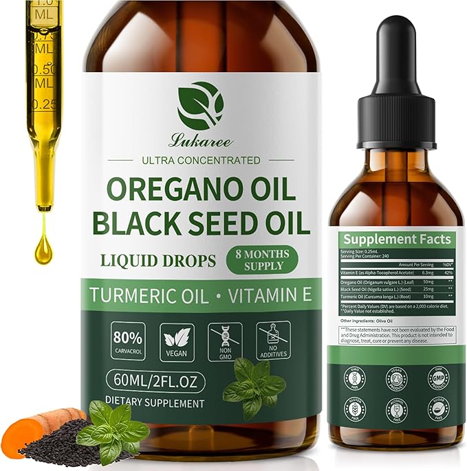 Oil of Oregano Drops with Black Seed Oil Turmeric Oil Vitamin E &amp Olive Oil Based Immune Digestive Cleanse &amp Detox* 80% Carvacrol Cold-Pressed Natural Aceite de Oregano 2 Fl Oz 8 Month S