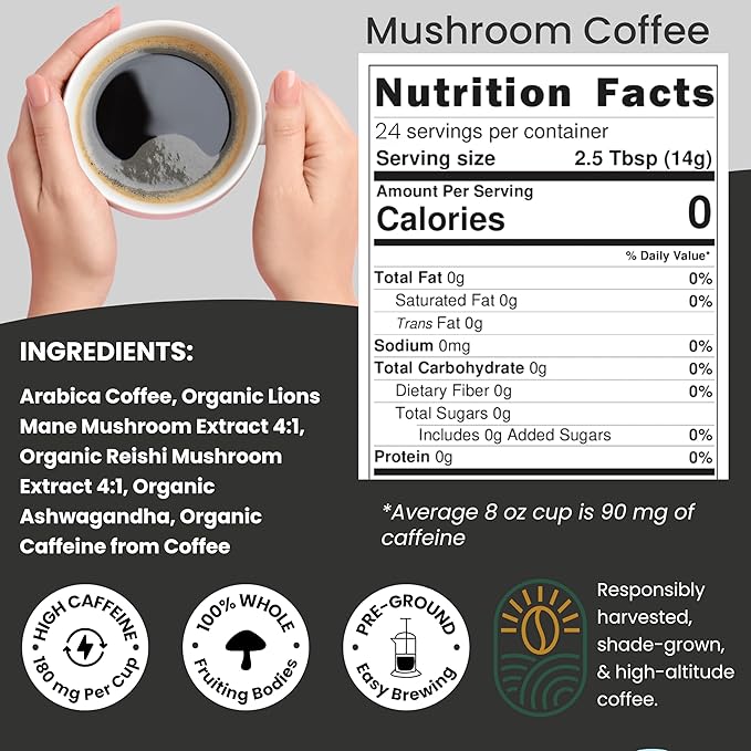Moontower High-Caffeine Mushroom Coffee - Organic Lions Mane Reishi and Ashwagandha Adaptogen Mushroom Blend Nicaragua Arabica Beans - Boosted Energy Mental Clarity &amp Relaxation (12 oz)