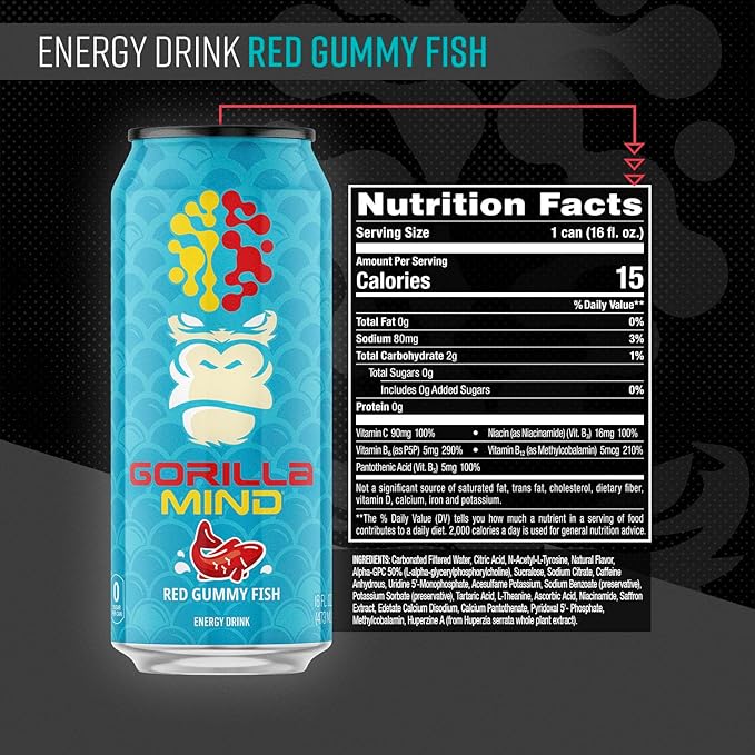 Gorilla Mind Energy Drink | Unmatched Energy · Amplified Focus | N-Acetyl-L-Tyrosine Alpha-GPC 200mg Caffeine Uridine Saffron | 0 Sugar Or Artificial Colors | 16oz 12-Pack (Red Gummy Fish)