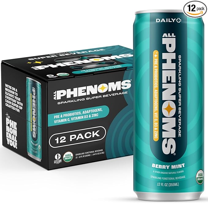 All Phenoms Daily+ Sparkling Organic Prebiotic &amp Probiotic Drink - Adaptogen Mushroom Blend (475mg of Lions Mane Reishi &amp Cordyceps) Vitamin C D3 Zinc - Berry Mint 12 Pack