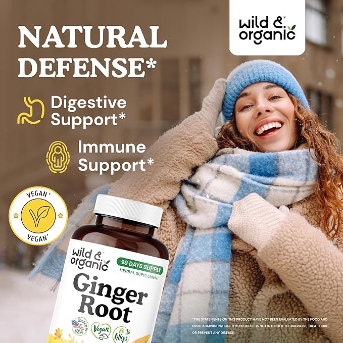 Wild &amp Organic Ginger Root Capsules 1200 mg - Immune &amp Digestive Support - Ginger Root Supplement - Zingiber Officinale Powder - 90 Days of Supply - Vegan No Fillers Non-GMO - 180 Count
