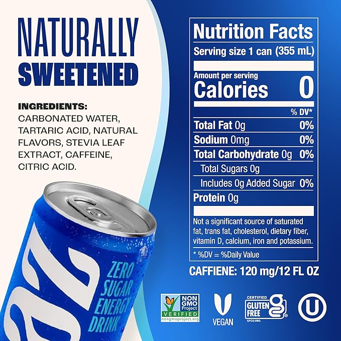 Zevia Zero Sugar Energy Drink Kola 12 oz Cans (12-Pack) – Naturally Sweetened Non-GMO Project Verified Gluten-Free Vegan