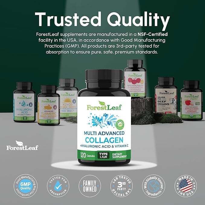 ForestLeaf Multi Collagen Pills with Hyaluronic Acid + Vitamin C | Hydrolyzed Collagen Supplements for Women or Men | Multi Collagen Capsules Peptides for Skin Wrinkles 120 Caps