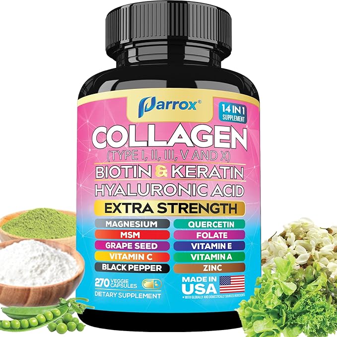 Collagen Peptides Types I II III V &amp X MCG Biotin Keratin Hyaluronic Acid MSM Zinc Grape Seed Extract Quercetin Vitamin A Vitamin C Vitamin E Magnesium Folic Acid (270 Capsules)