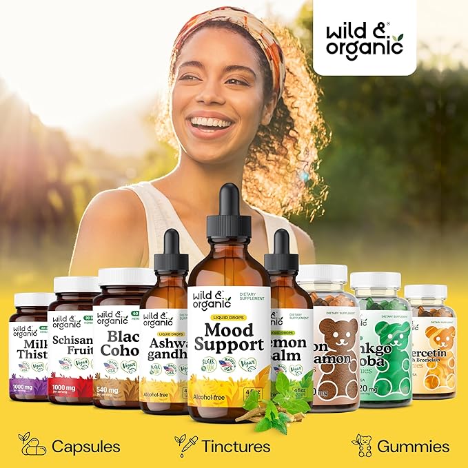 Wild &amp Organic Mood Support Supplement - Natural Liquid Drops for Positive Energy - Calm Mind Supplement for Women and Men - Non-Alcohol Ashwagandha &amp Rhodiola Rosea Root Tincture for Good Moo