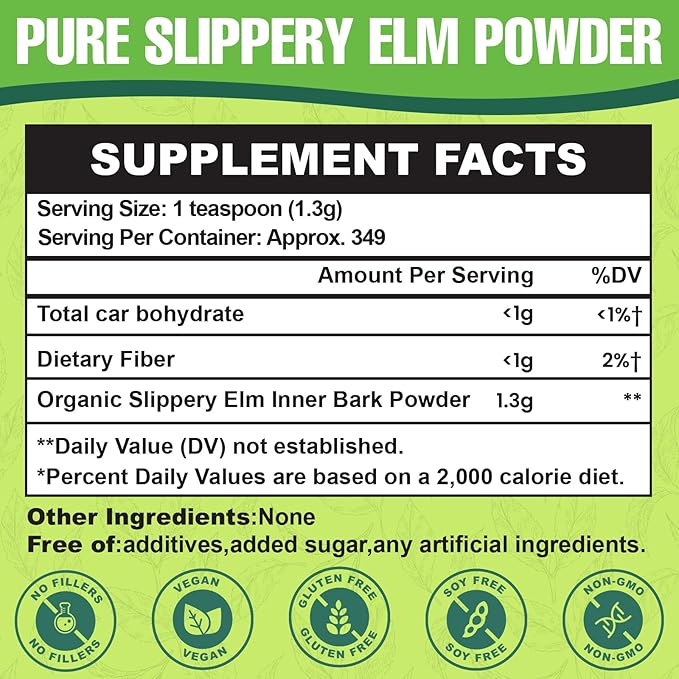 Slippery Elm Slippery Elm Powder Organic Elm Bark Made from Inner Bark - 1 Pound (349 Servings) Natural Herbs Helps Soothe The Throat and Coughing &amp Digestive Diarrhea - 100% Pure &amp Vegan