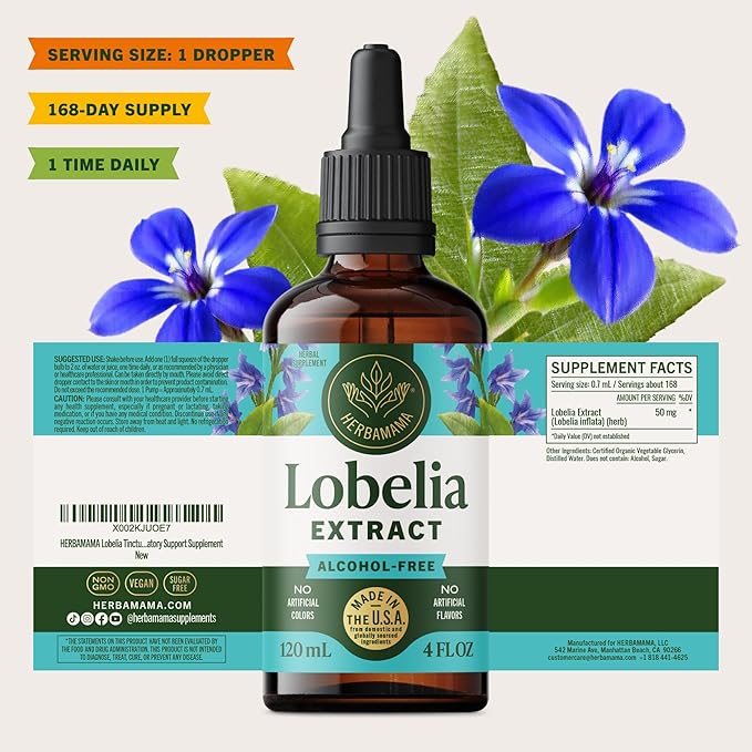 HERBAMAMA Lobelia Tincture - Vegan Lobelia Leaf Extract for Lung Cleanse &amp Detox - Respiratory Lung Support Drops - Non-GMO Alcohol &amp Sugar-Free Respiratory Support Supplement