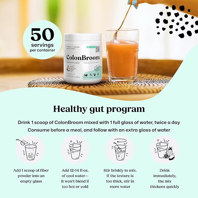 ColonBroom Psyllium Husk Powder with Stevia (Tropical Fruits) - Colon Cleanse for Bloating Relief &amp Gut Health - Colon Broom Fiber Powder Drink - Vegan Fiber Powder Stevia Supplement 50 Servings