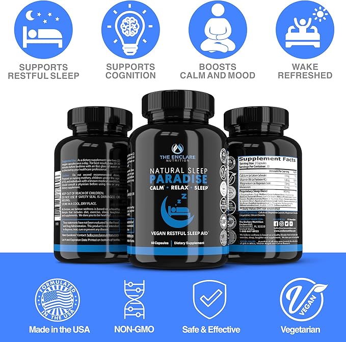 THE ENCLARE NUTRITION Melatonin 10mg Sleep Aid for Adults with Ashwagandha GABA 5HTP L Theanine Vitamin B6 Inositol Calcium Magnesium Natural Sleep Support Supplement Vegan 60ct. (1)
