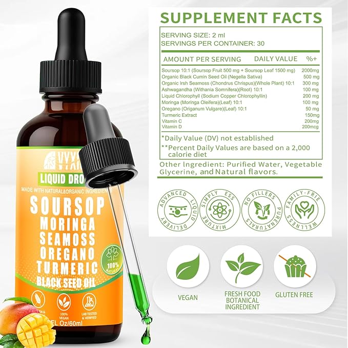 Soursop Bitters Liquid Drops 10 in 1 with Sea Moss Moringa Turmeric Black Seed Oil Oregano Ashwagandha | Herbal Extracts for Overall Health-Enhancing | Vegan Non-GMO | 2 Fl Oz(Mango flavor)