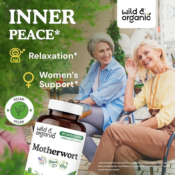 Wild &amp Organic Motherwort Capsules 1000 mg - Calmness &amp Women's Support - Natural Motherwort Supplement - 90 Days of Supply - 180 Vegan Herb Capsules - Non-GMO Gluten-Free No Additives