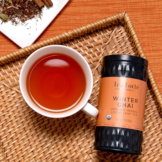 Tea Forte Winter Chai Premium Loose Leaf Caffeine-Free Herbal Tea Blend Canister Makes 35-50 Cups Round Canister