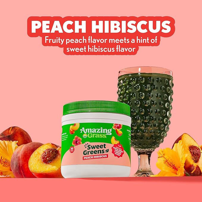 Amazing Grass Sweet Greens and Superfoods Powder for Digestive Health Greens Powder Digestive Enzymes Probiotics Spirulina Chlorella Peach Hibiscus 30 Servings