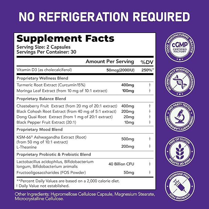 Menopause Supplements for Women with Black Cohosh 5:1 Extract - Hormone Harmony for Hot Flashes Night Sweats Mood Swings &amp Bloating - 30 Servings