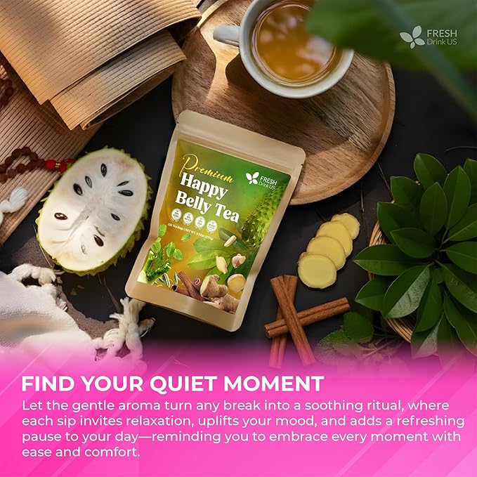 FreshDrinkUS Premium Happy Belly Tea | 135 Tea Bags | Herbal Tea Blend with Soursop Leaves Ginger Fennel Seed Lemon Balm Cinnamon Papaya Leaves &amp Rose Hip – Naturally Caffeine Free. Sugar Fr