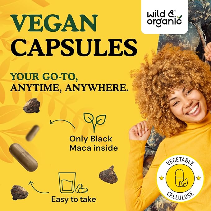 Wild &amp Organic Black Maca Root Capsules for Women &amp Men 500 mg - Overall Support - 120 Vegan Capsules with Maca Powder - Men &amp Women Supplement - 120 Days Supply Non-GMO No Fillers Glut