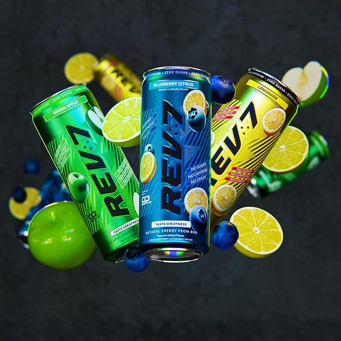 REV7 Energy Drink Caffeine Free Zero Sugar Powered by goBHB Ketones Green Apple - 12ct