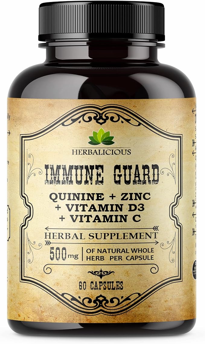 HERBALICIOUS Quinine Immune Guard - Quinine Capsules Supplement with Vitamin C D3 Zinc - for Muscle Cramps Relief &amp Stomach Wellness - Non-GMO Cinchona Bark Herbal Supplements - 500mg 60 Capsul
