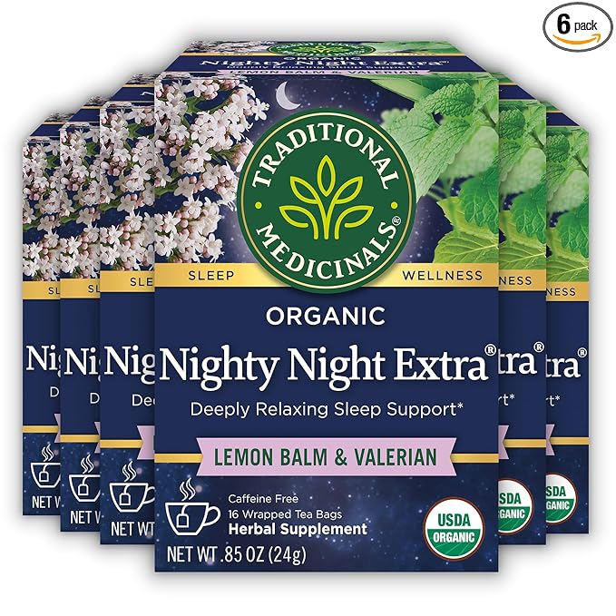 Traditional Medicinals Organic Nighty Night Extra Valerian Root &amp Lemon Balm - Herbal Sleep Aid Tea - Kosher Non-GMO Caffeine-Free Compostable - 96 Tea Bags (6 Packs of 16)