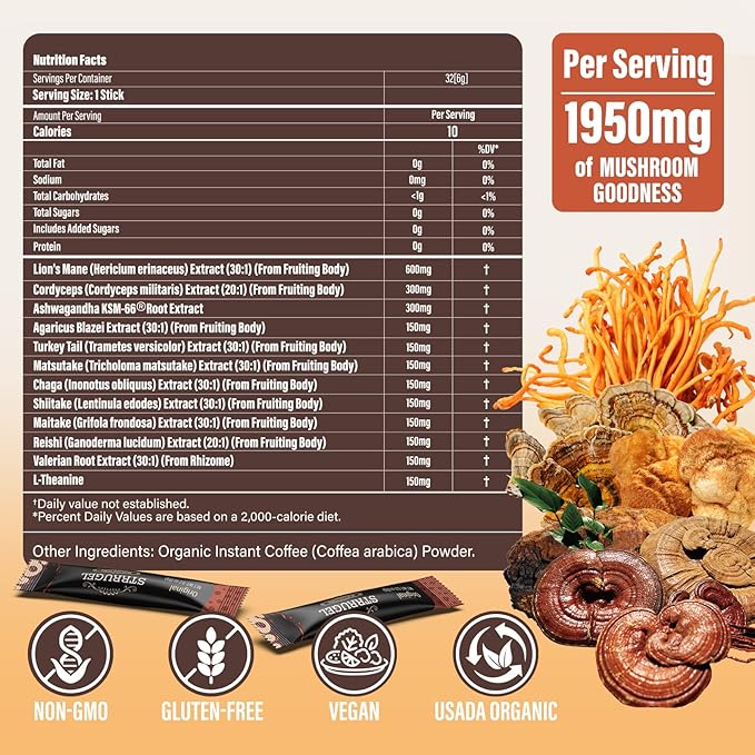 Organic Mushroom Coffee with Lion’s Mane &amp Reishi - 9 Functional Mushrooms + Ashwagandha for Focus Energy &amp Stress Relief - Low Caffeine Instant Coffee Sticks 32 Servings
