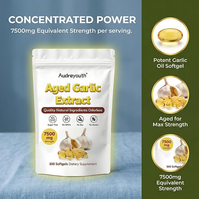 Odorless Garlic 300 Softgels | 2 Years Aged Garlic Extract | Grown Allium Sativum Bulb | Natural Herbal Supplements | Non-GMO Gluten Free