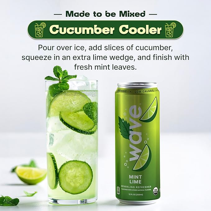 WAVE Sparkling Refreshers | Sparkling Juice | Organic Hydration | Low Calorie Drink | Lightly Carbonated Soda Alternative | No Added Sugar No Preservatives or Artificial Ingredients |12 Pack (Mint Li